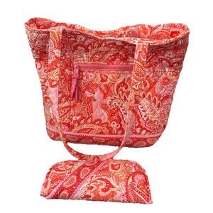 Vera Bradley Sherbet Orange Pink Paisley Handbag Tote Purse W/ Eyeglass Case USA
